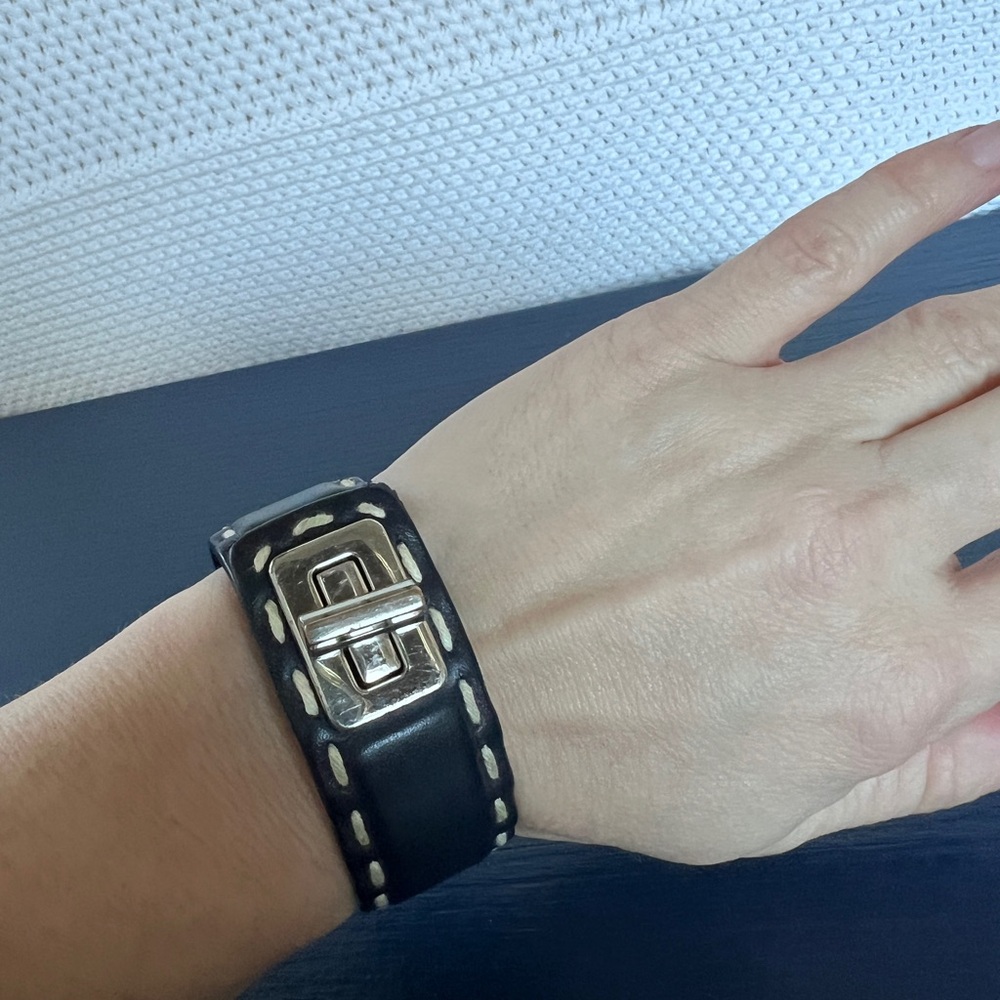 Prada Blue Leather Cuff with White Stitching